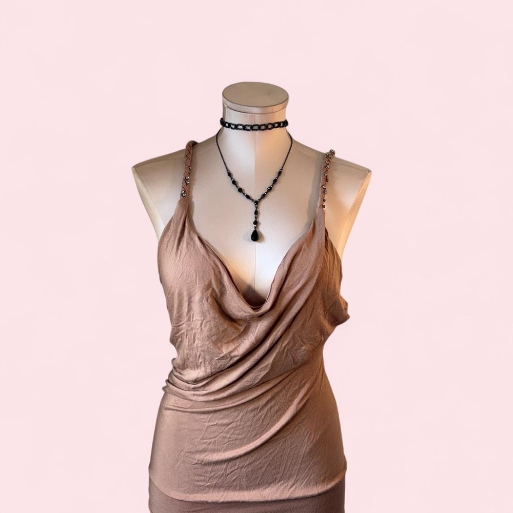 Y2K tan mini dress with a flattering draped cowl neckline